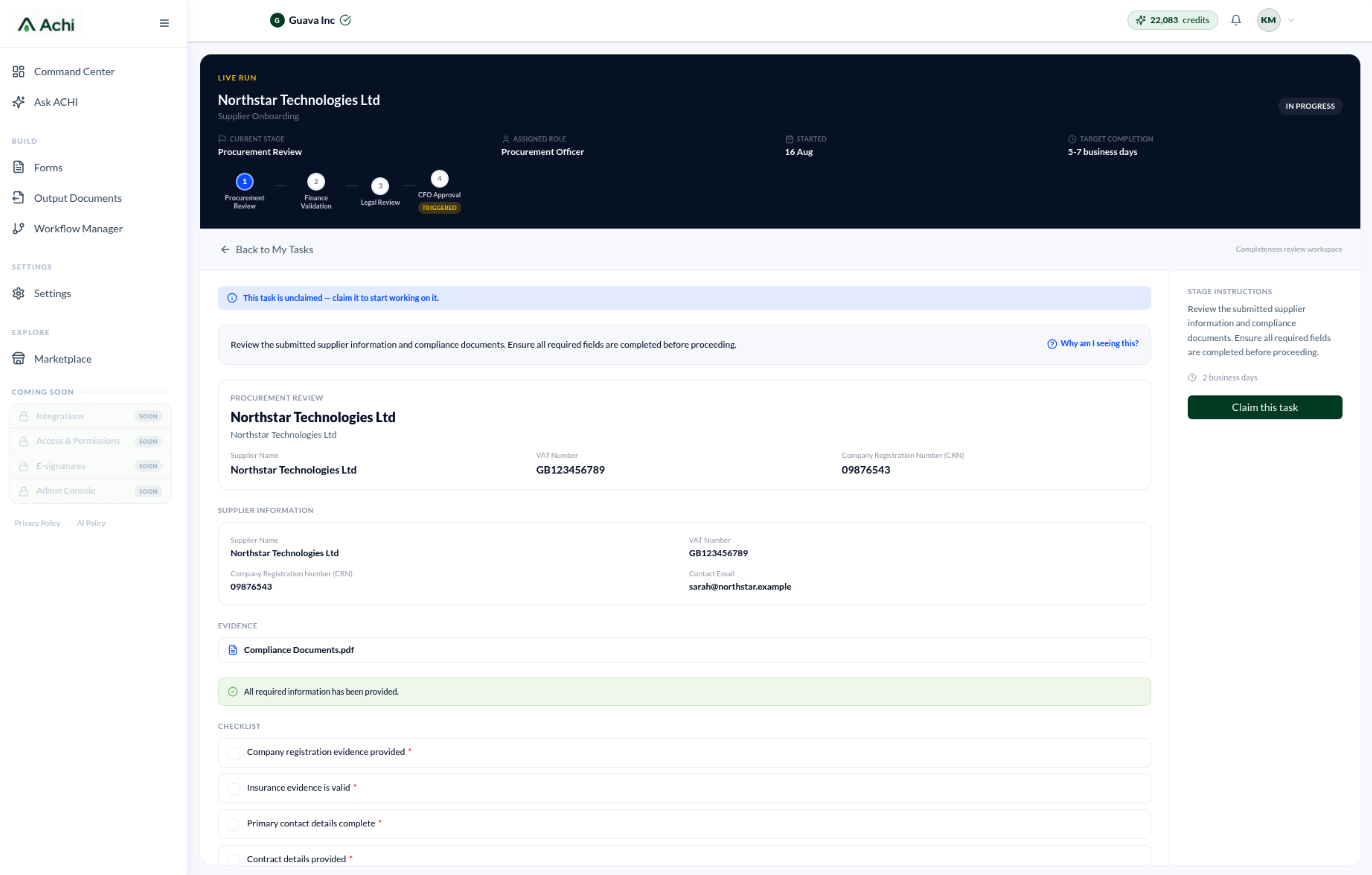 Procurement Officer Stage Workspace for the Legal Review / Finance Validation stage of a supplier onboarding case